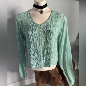 Vintage 90’s Bohemian Sage Mint Sea Green Embroidered Button Blouse Cardigan S